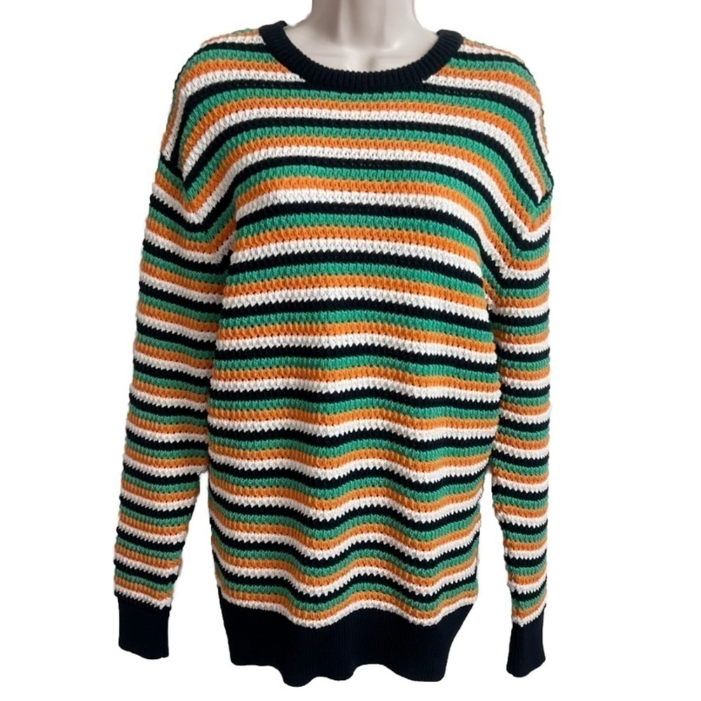 NWT Zara Crochet Knit Striped Crew Neck Long Sleeve Sweater Medium Multicolor
